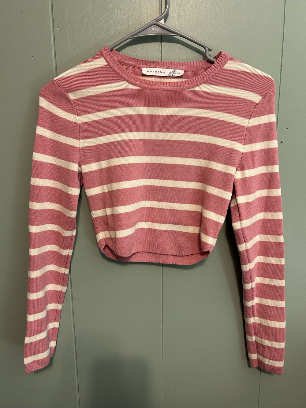 Altar'd State Rose Pink & Cream Striped Cropped Crew Sweater
